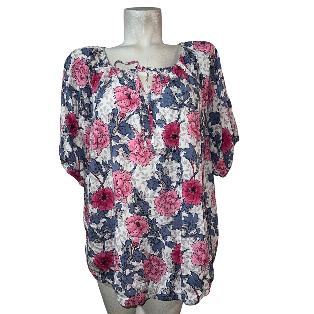 Torrid Top Womens Size 2X/2 Floral Tie Front Puff Sleeve Blouse Pink Gray Shirt